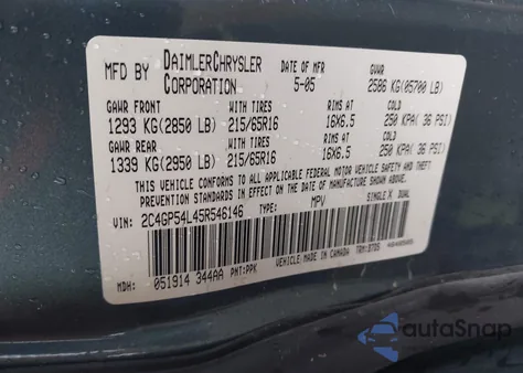 2005 Chrysler Town & Country Touring из США, поврежденный, VIN 2C4GP54L45R546146